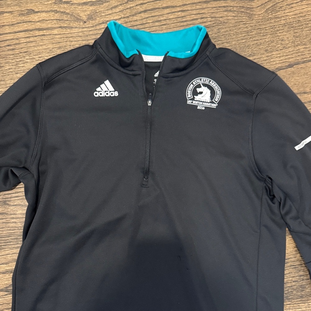 2016 Boston Marathon Adidas Black and Teal Quarter-Zip Top